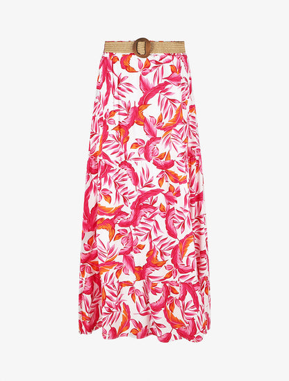 Jupe imprimé feuilles à taille élastiquée - Fushia - 1