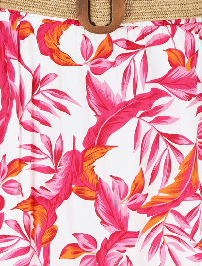 Jupe imprimé feuilles à taille élastiquée - Fushia - 3