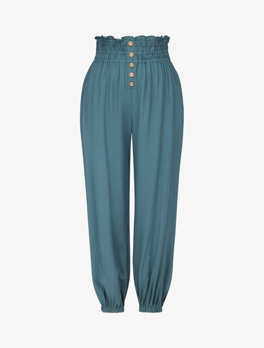 Pantalon uni à bords élastiqués et boutons décoratifs - Bleu canard - 1