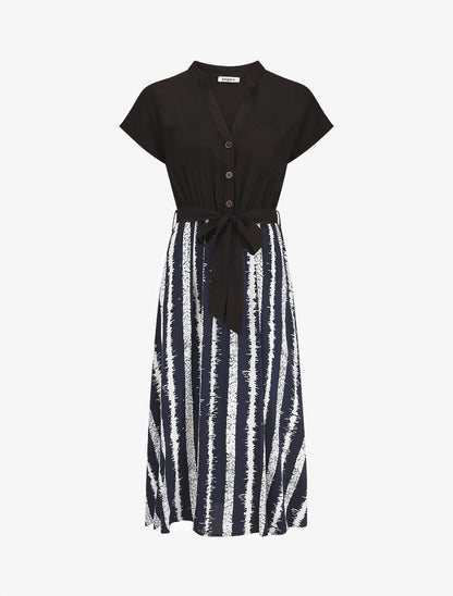 Robe longue élastiquée à jupe imprimé rayures - Marine - 4