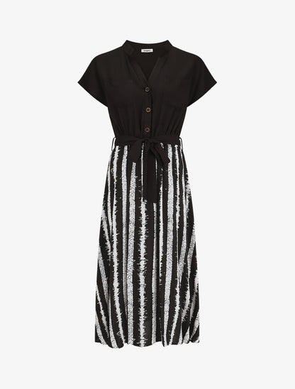 Robe longue élastiquée à jupe imprimé rayures - Noir - 1
