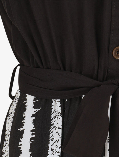 Robe longue élastiquée à jupe imprimé rayures - Noir - 3