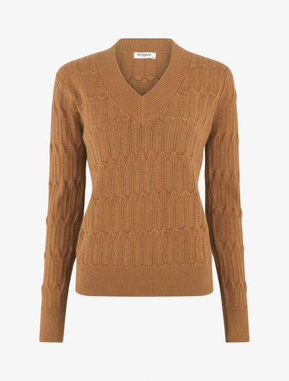 Pull droit uni à col V - Camel - 1