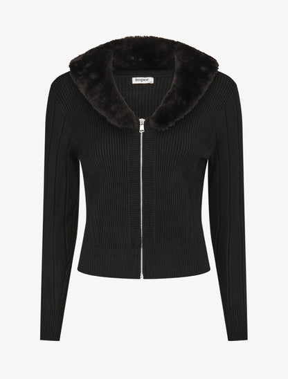 Gilet zippé et col à fourrure synthétique - Noir - 1
