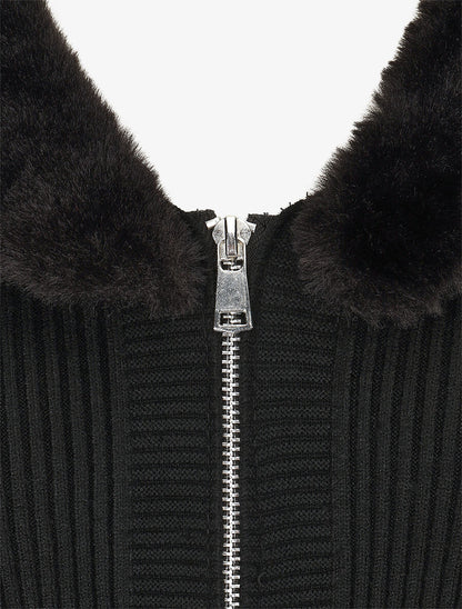 Gilet zippé et col à fourrure synthétique - Noir - 3