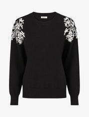 Pull uni à broderies fleuries aux épaules - Noir - 1