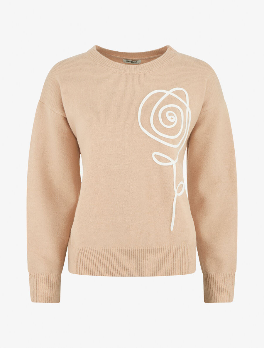 Pull uni à broderie fleur - Taupe - 1