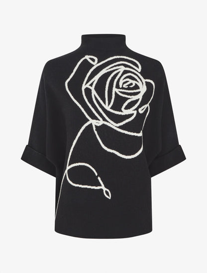 Pull ample manches 3/4 motif rose - Noir - 1