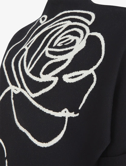 Pull ample manches 3/4 motif rose - Noir - 3