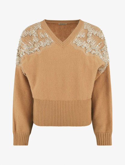 Pull uni à empiècement strass et perles aux épaules - Camel - 1