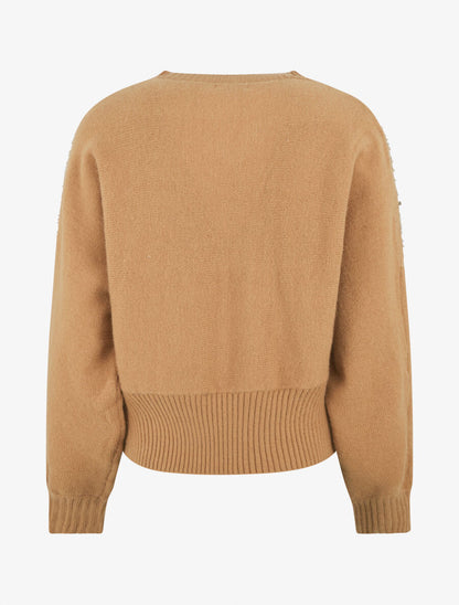 Pull uni à empiècement strass et perles aux épaules - Camel - 2