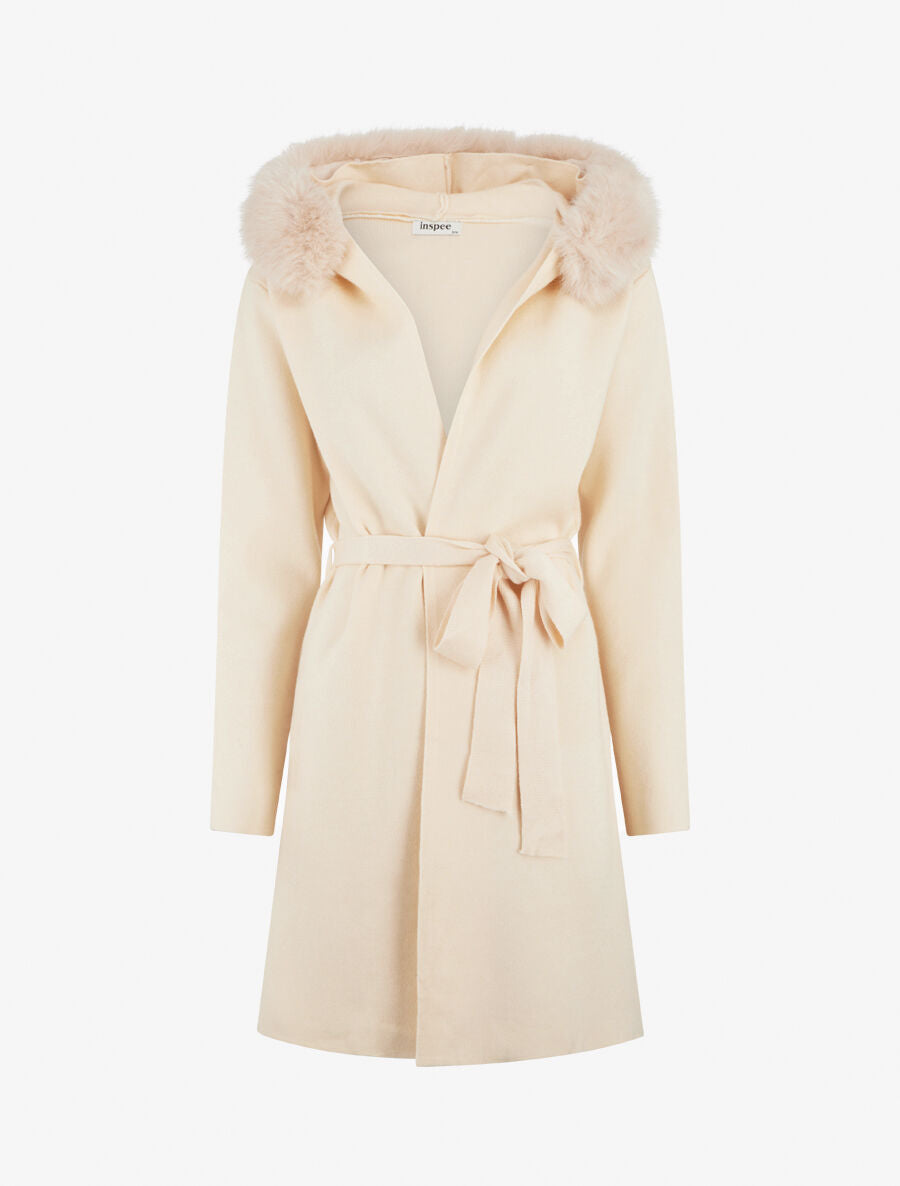 Gilet long uni à capuche - Beige - 1