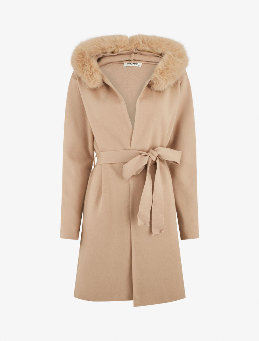 Gilet long uni à capuche - Taupe - 5