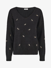 Pull uni à détail feuilles irisées - Noir - 5