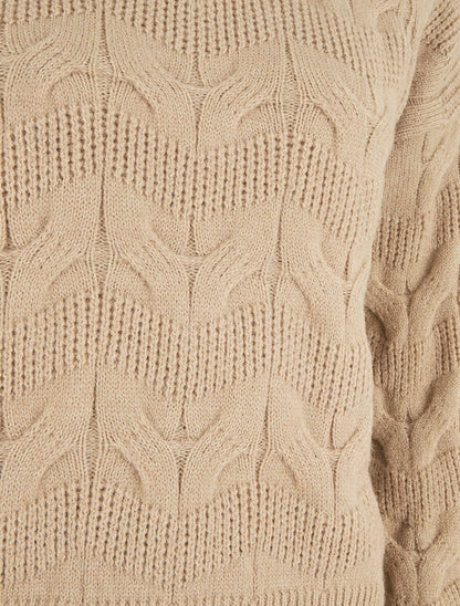 Pull droit uni en maille zigzag - Beige - 3