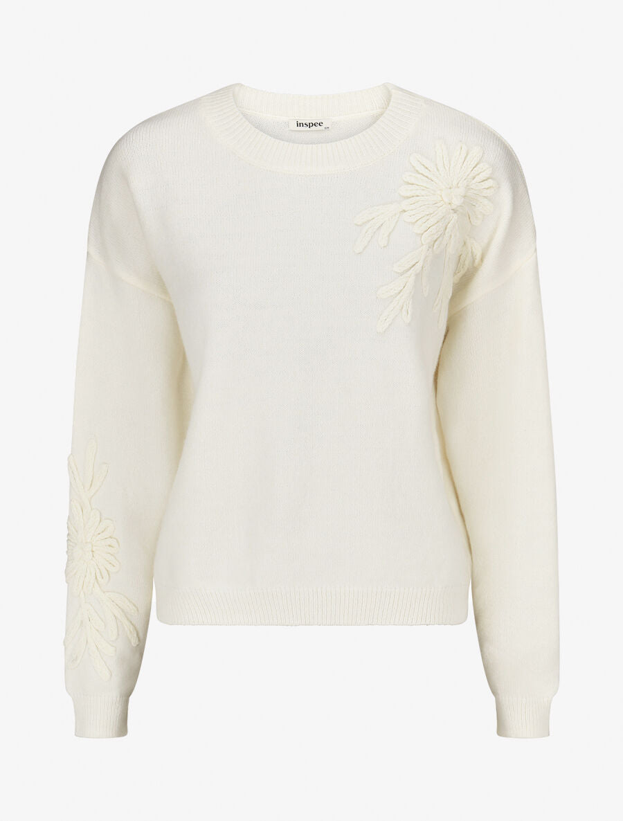 Pull uni avec broderies fleurs - Crème - 4