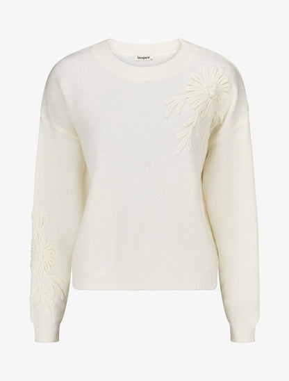 Pull uni avec broderies fleurs - Crème - 4