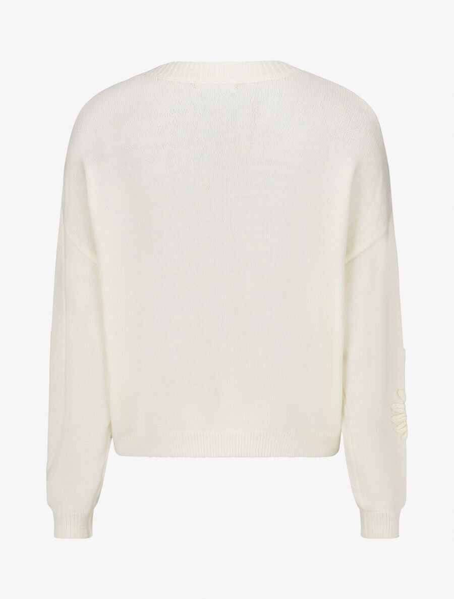 Pull uni avec broderies fleurs - Crème - 2