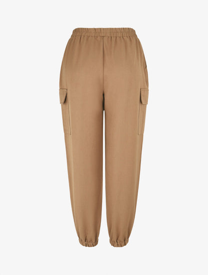 Pantalon fluide uni à bords élastiqués - Camel - 2