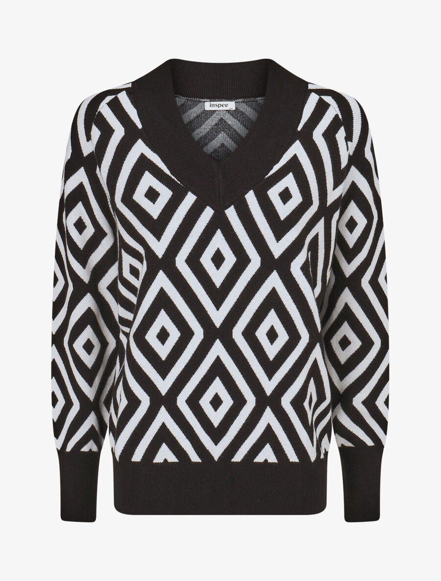 Pull imprimé losanges à col V - Noir - 4