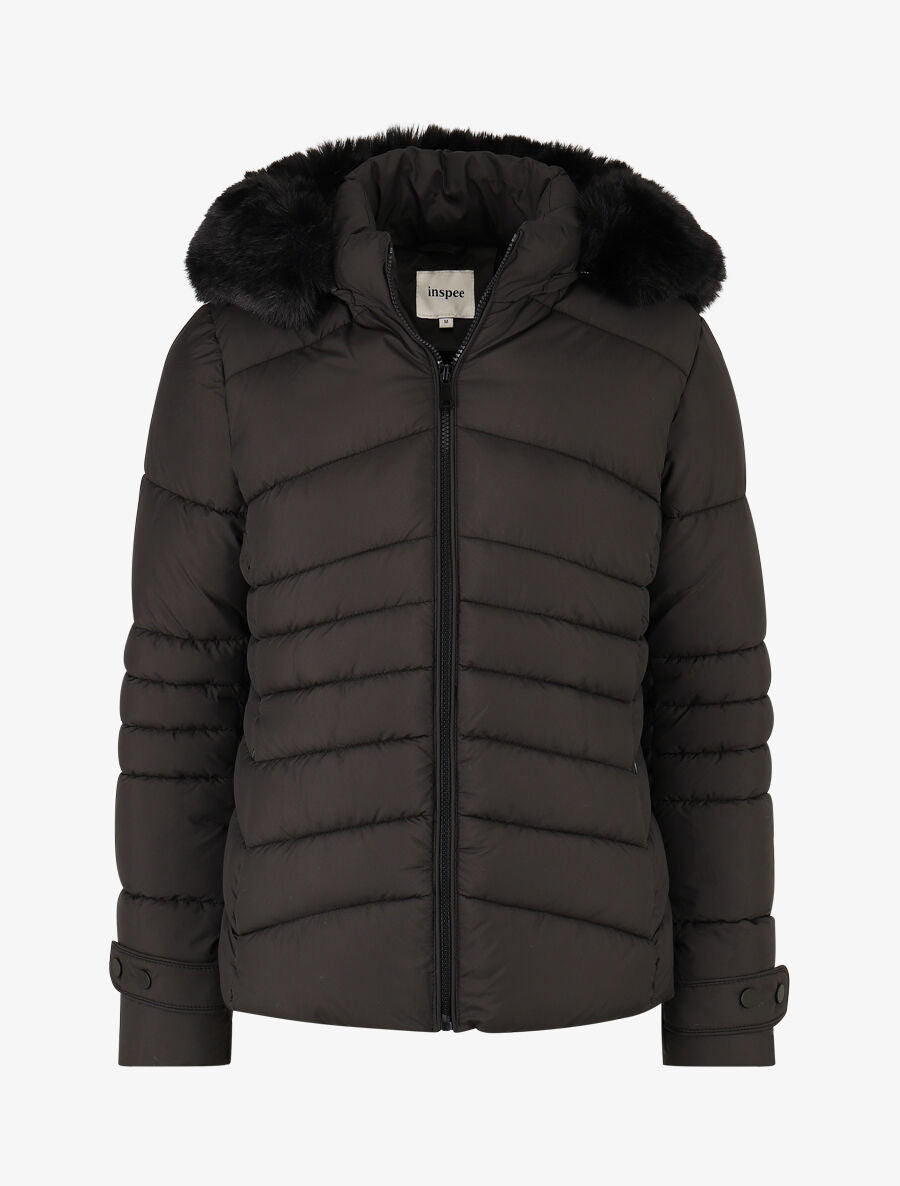 Doudoune unie à fourrure synthétique - Noir - 1