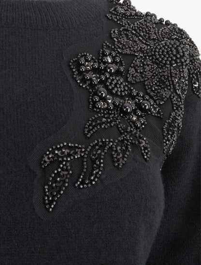 Pull uni orné de perles et strass - Noir - 3