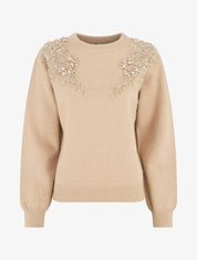 Pull uni orné de perles et strass - Taupe - 5