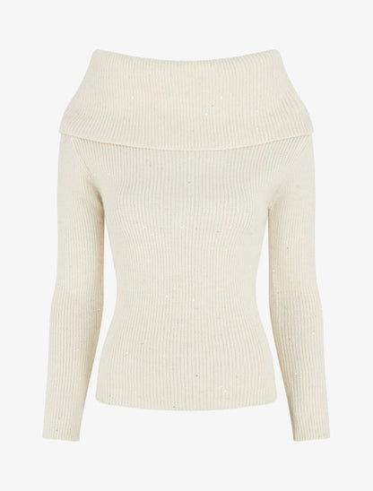 Pull côtélé irisé à col montant - Crème - 4
