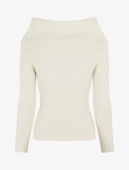 Pull côtélé irisé à col montant - Crème - 2