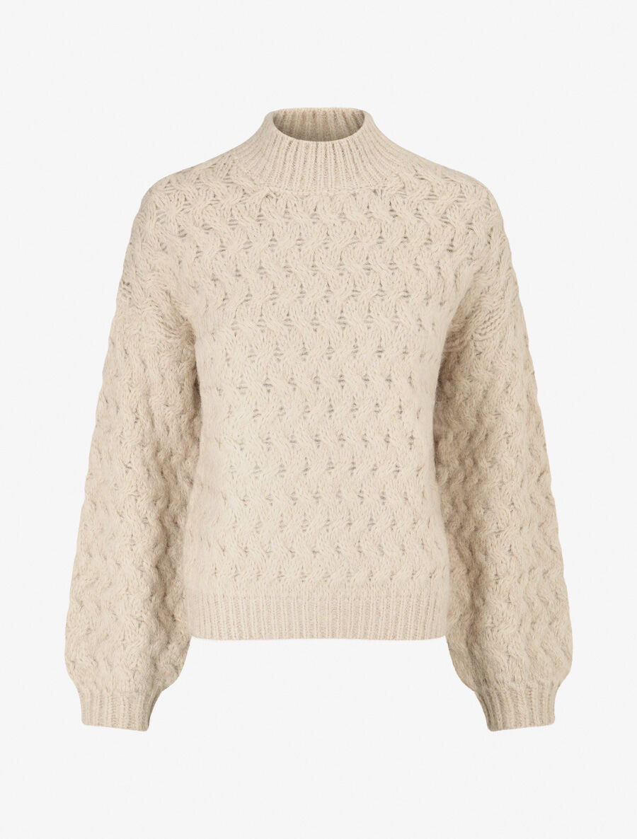 Pull uni en maille à col montant - Beige - 1