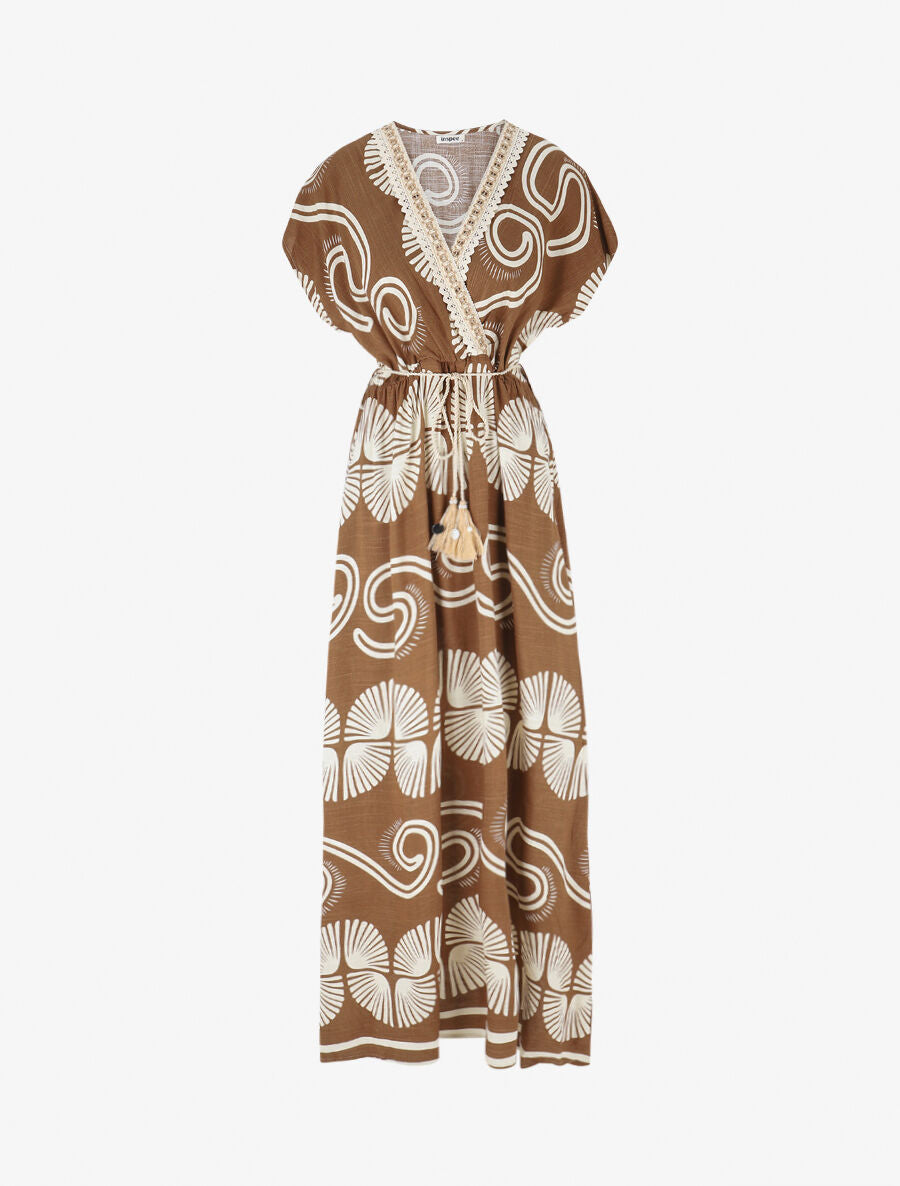 Robe longue à manches courtes imprimé fantaisie - Marron - 4