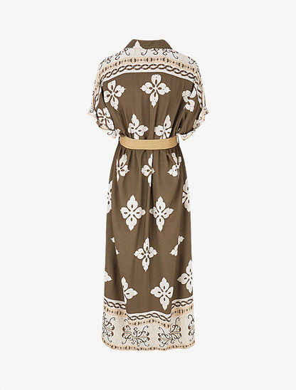 Robe chemise longue manches courtes imprimé floral - Taupe - 2