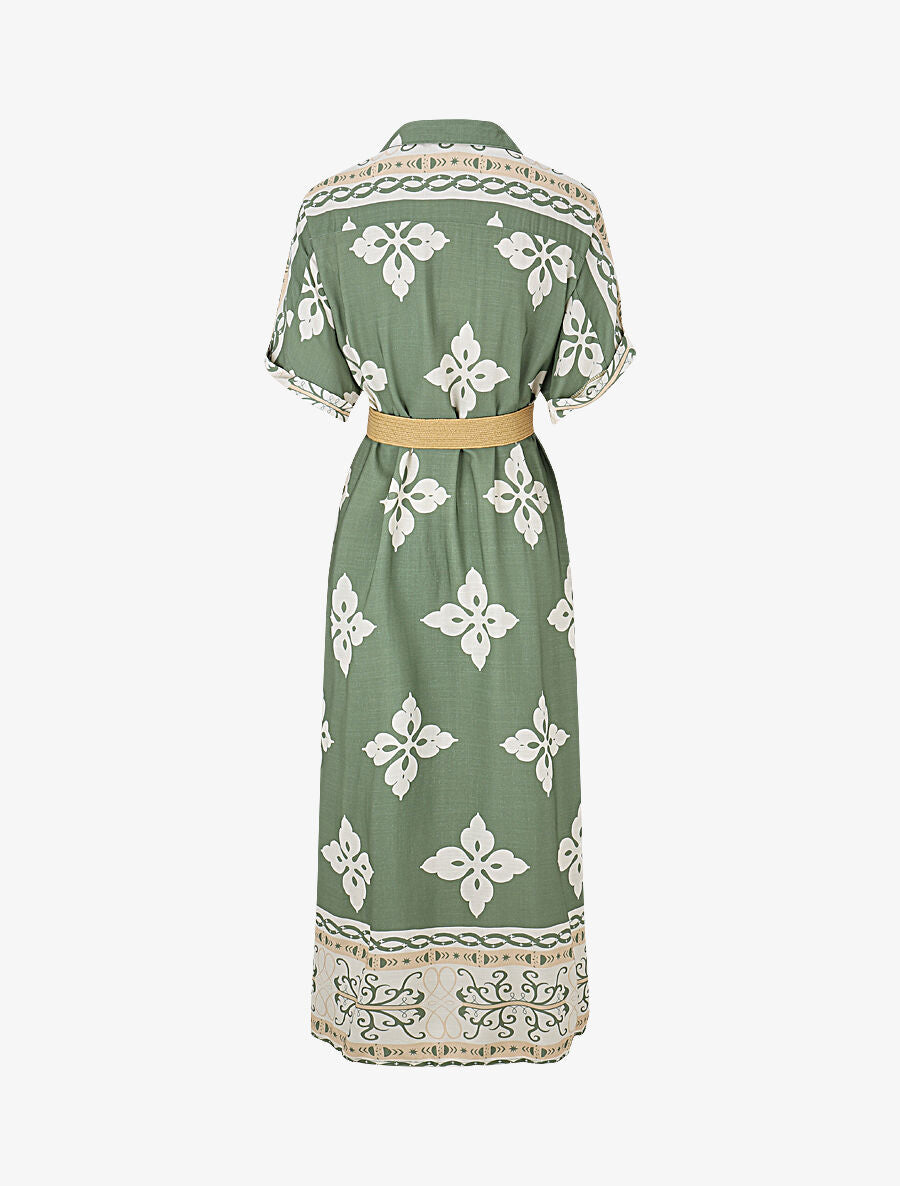 Robe chemise longue manches courtes imprimé floral - Vert olive - 2