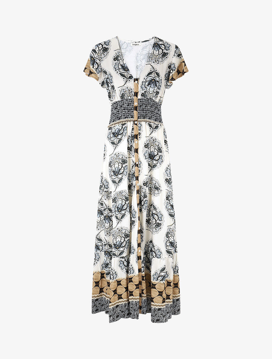 Robe longue à manches volantées imprimé fleuri - Noir - 1