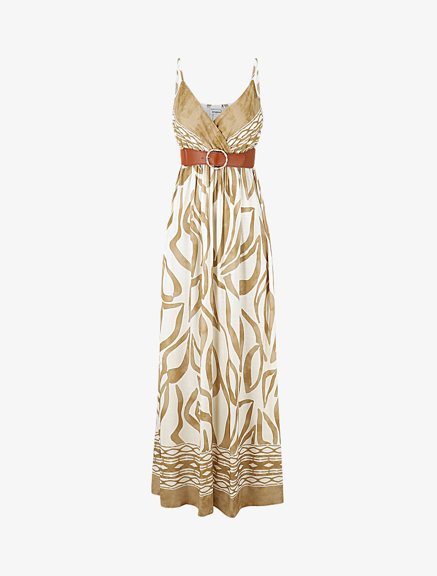 Robe longue imprimé graphique à fines bretelles - Taupe - 1