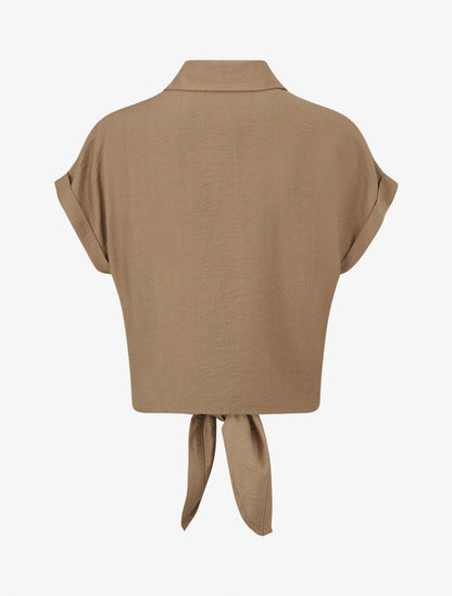 Chemise manches courtes à empiècements en crochet et noeud - Marron - 2