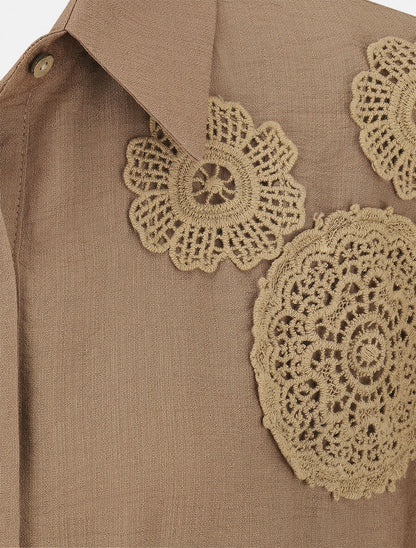 Chemise manches courtes à empiècements en crochet et noeud - Marron - 3