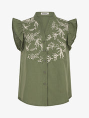 Blouse brodée sans manches à épaules volantées - Kaki - 1