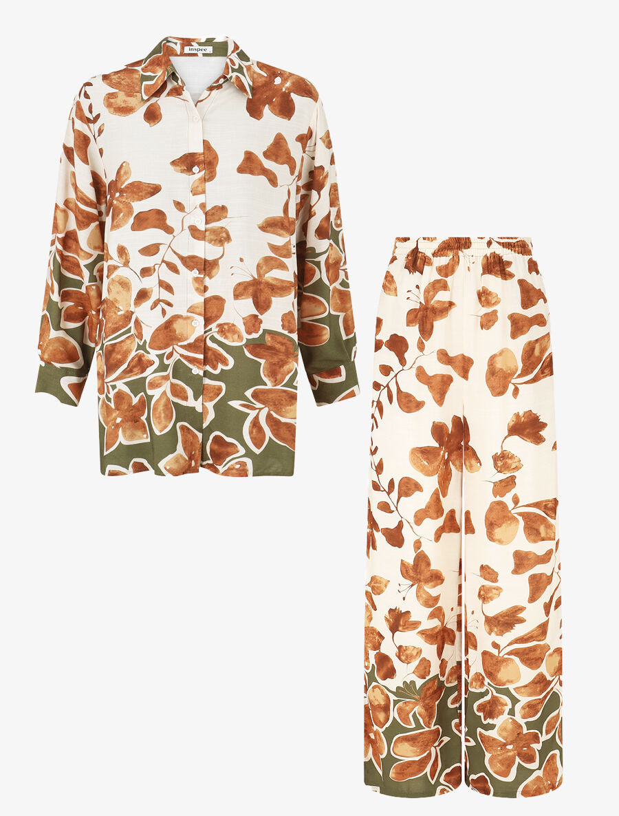 Ensemble chemise et pantalon imprimé floral - Marron - 2