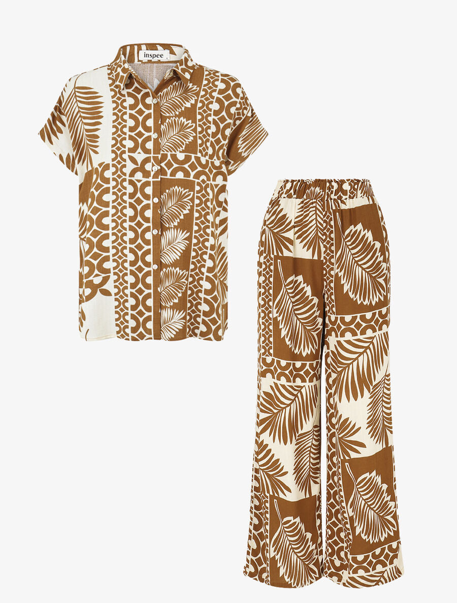 Ensemble chemise et pantalon imprimé tropical - Marron - 8