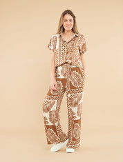 Ensemble chemise et pantalon imprimé tropical - Marron - 1