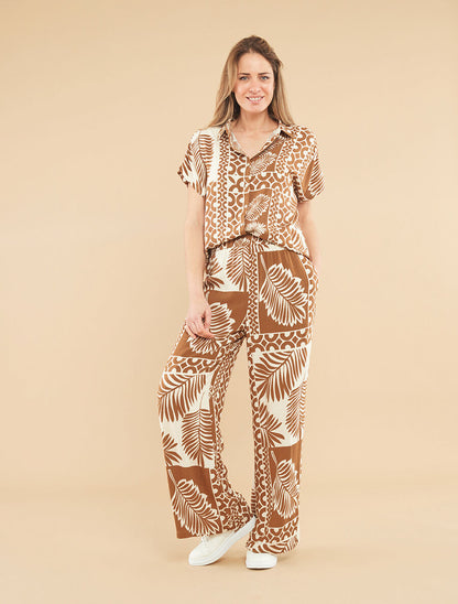 Ensemble chemise et pantalon imprimé tropical - Marron - 1