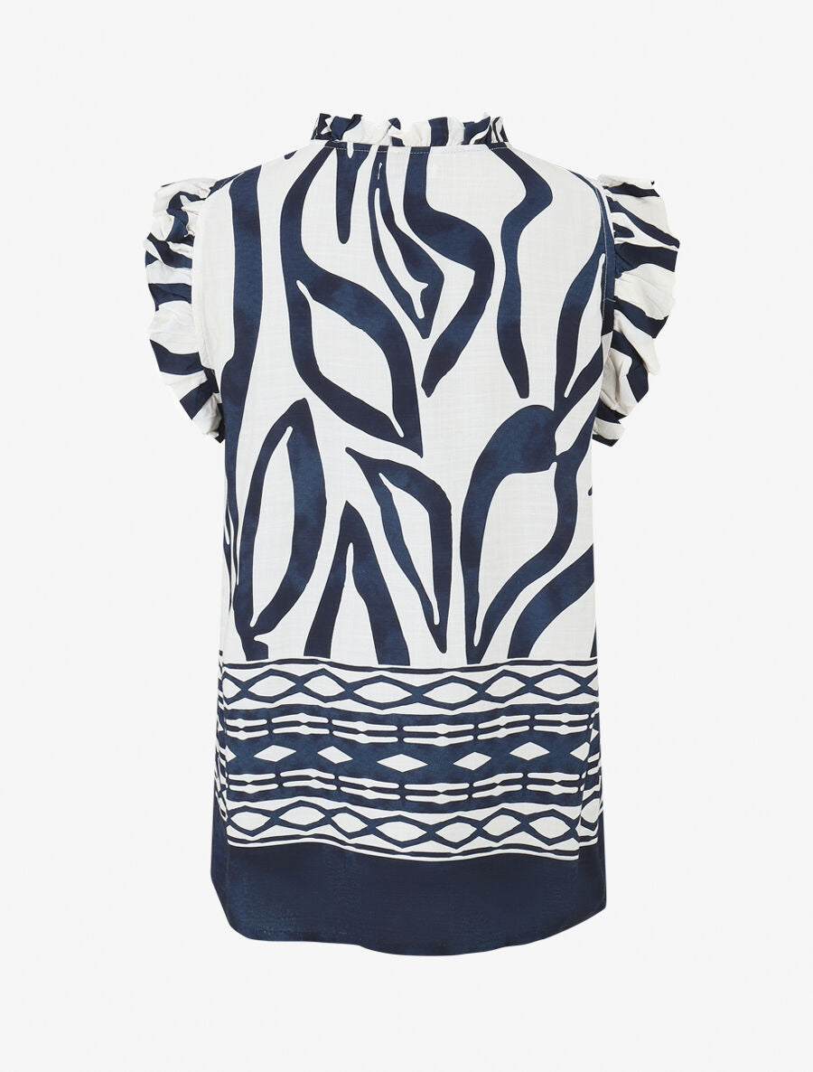 Top imprimé graphique à épaules volantées - Marine - 2