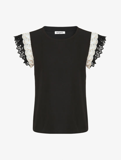 Top en coton à mancherons en dentelle - Noir - 1
