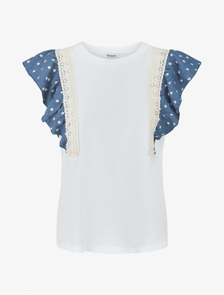 Top en coton à mancherons volantés à fleurs - Blanc/bleu - 4