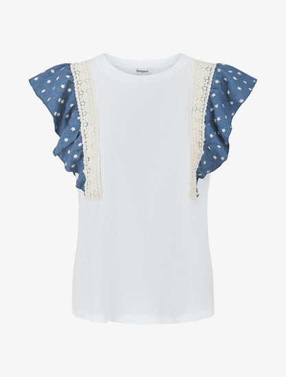 Top en coton à mancherons volantés à fleurs - Blanc/bleu - 4