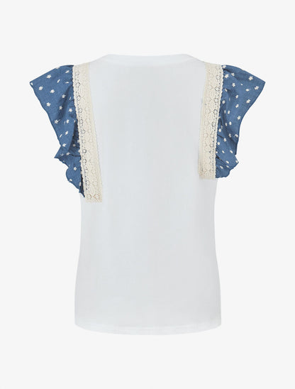 Top en coton à mancherons volantés à fleurs - Blanc/bleu - 2