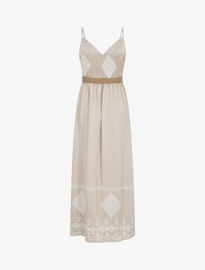 Robe longue à fines bretelles et broderies - Beige - 2