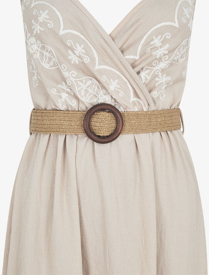 Robe longue à fines bretelles et broderies - Beige - 3