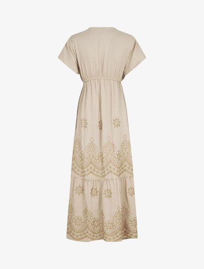 Robe longue empire à manches courtes et broderies - Beige - 2